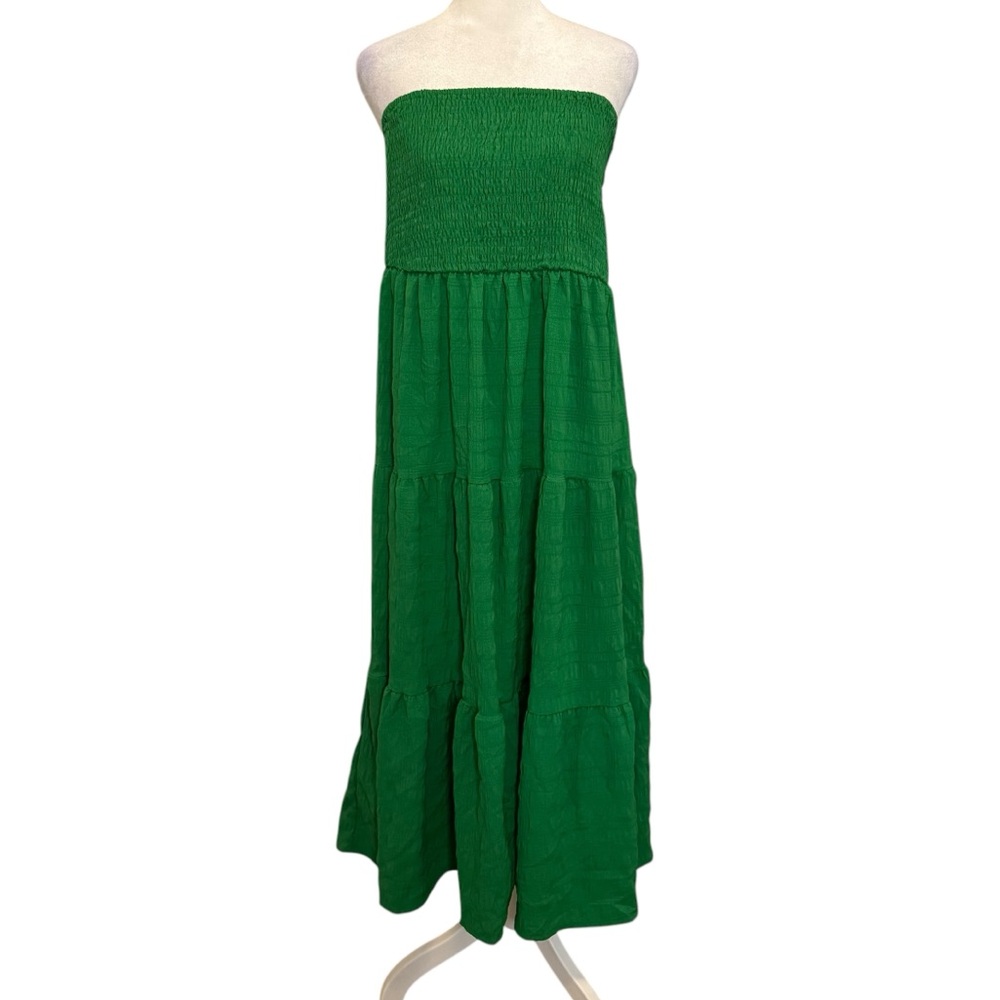 SHEIN Dress Size 1X Green Strapless Shirred Chest Tiered Layer High Waist